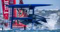 USA SailGP Team capsize as they sail closely past Emirates Great Britain SailGP Team and New Zealand SailGP Team during a practise session ahead of the Apex Group Bermuda Sail Grand Prix in Bermuda - May 3, 2024