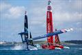 USA SailGP Team capsize as they sail closely past Emirates Great Britain SailGP Team and New Zealand SailGP Team during a practise session ahead of the Apex Group Bermuda Sail Grand Prix in Bermuda - May 3, 2024