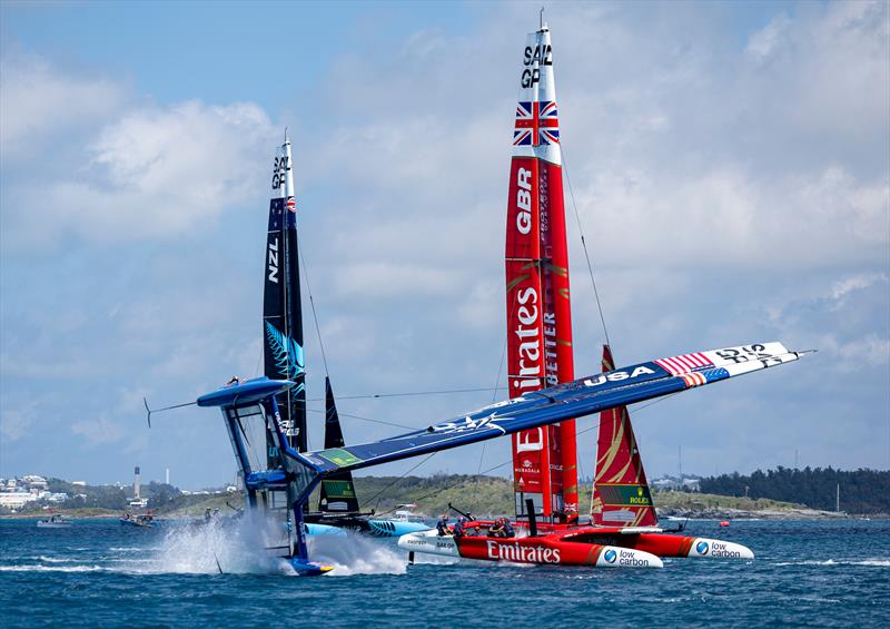 USA SailGP Team capsize as they sail closely past Emirates Great Britain SailGP Team and New Zealand SailGP Team during a practise session ahead of the Apex Group Bermuda Sail Grand Prix in Bermuda - May 3, 2024 photo copyright Felix Diemer/SailGP taken at Royal Bermuda Yacht Club and featuring the F50 class