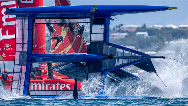 USA SailGP Team capsize as they sail closely past Emirates Great Britain SailGP Team  during a practise session ahead of the Apex Group Bermuda Sail Grand Prix in Bermuda - May 3, 2024 photo copyright Samo Vidic/SailGP taken at Royal Bermuda Yacht Club and featuring the F50 class