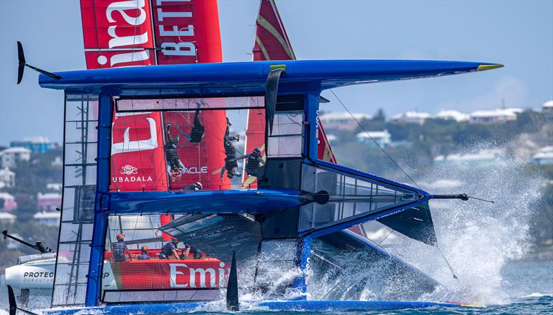 USA SailGP Team helmed by Taylor Canfield capsize as they sail closely past Emirates Great Britain SailGP Team helmed by Giles Scott during a practise session ahead of the Apex Group Bermuda Sail Grand Prix in Bermuda photo copyright Samo Vidic for SailGP taken at  and featuring the F50 class